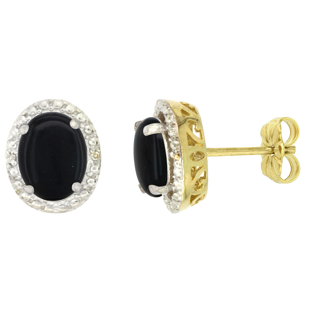 10K Yellow Gold 0.01 cttw Diamond Natural Black Onyx Post Earrings Oval 7x5 mm