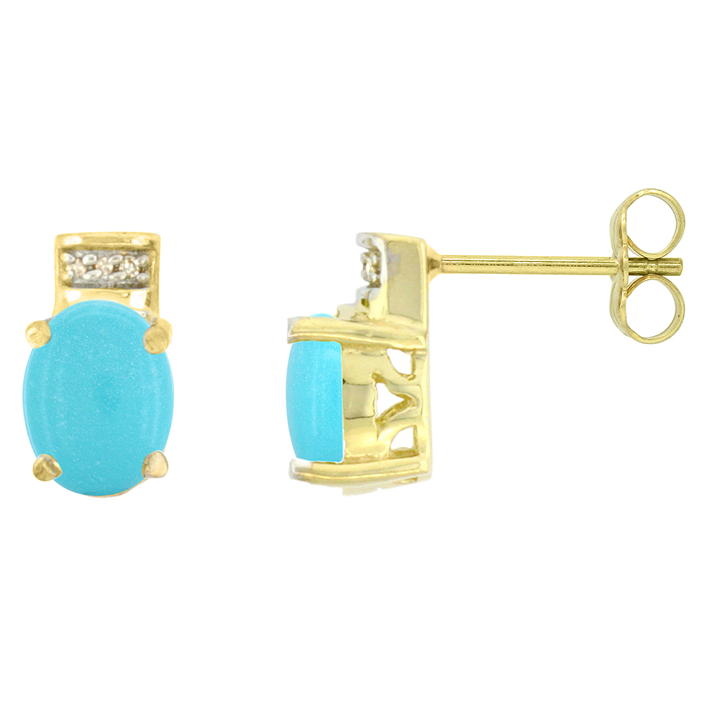 10K YELLOW GOLD DIAMOND NATURAL TURQUOISE EARRINGS OVAL 8X6 MM