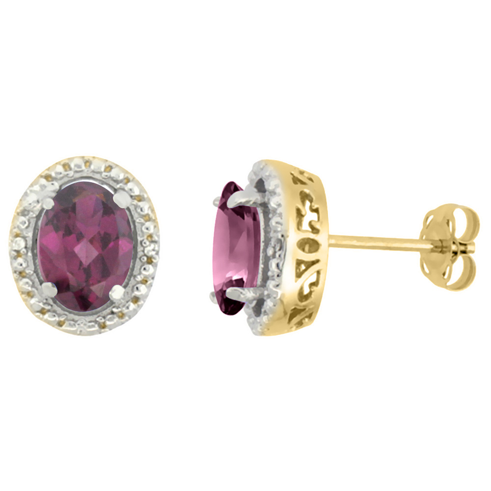 10K Yellow Gold 0.01 cttw Diamond Natural Rhodolite Post Earrings Oval 7x5 mm