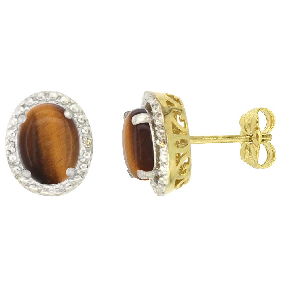 10K YELLOW GOLD 0.01 CTTW DIAMOND NATURAL TIGER EYE POST EARRINGS OVAL 7X5 MM