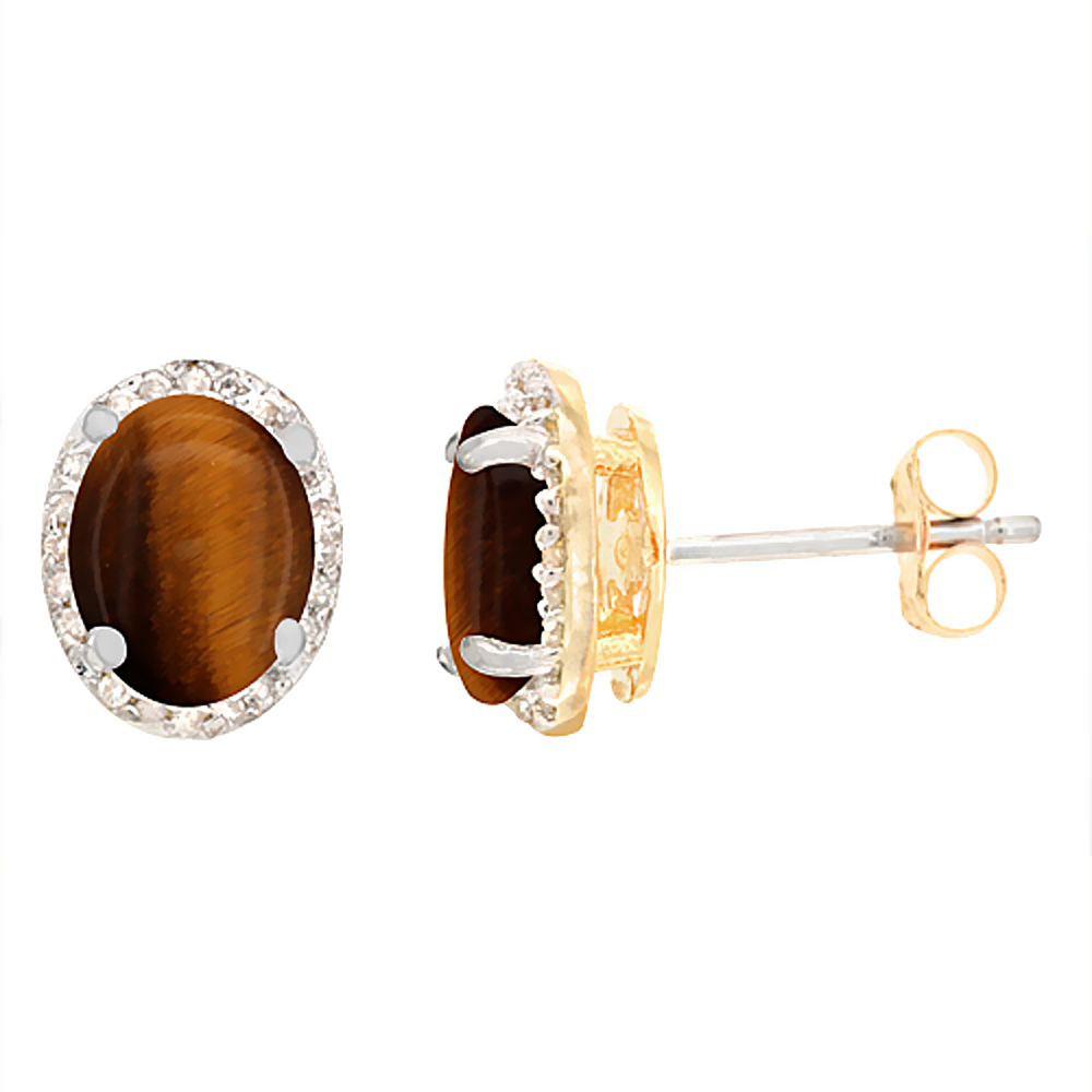 10K YELLOW GOLD DIAMOND NATURAL TIGER EYE EARRINGS OVAL 7X5 MM