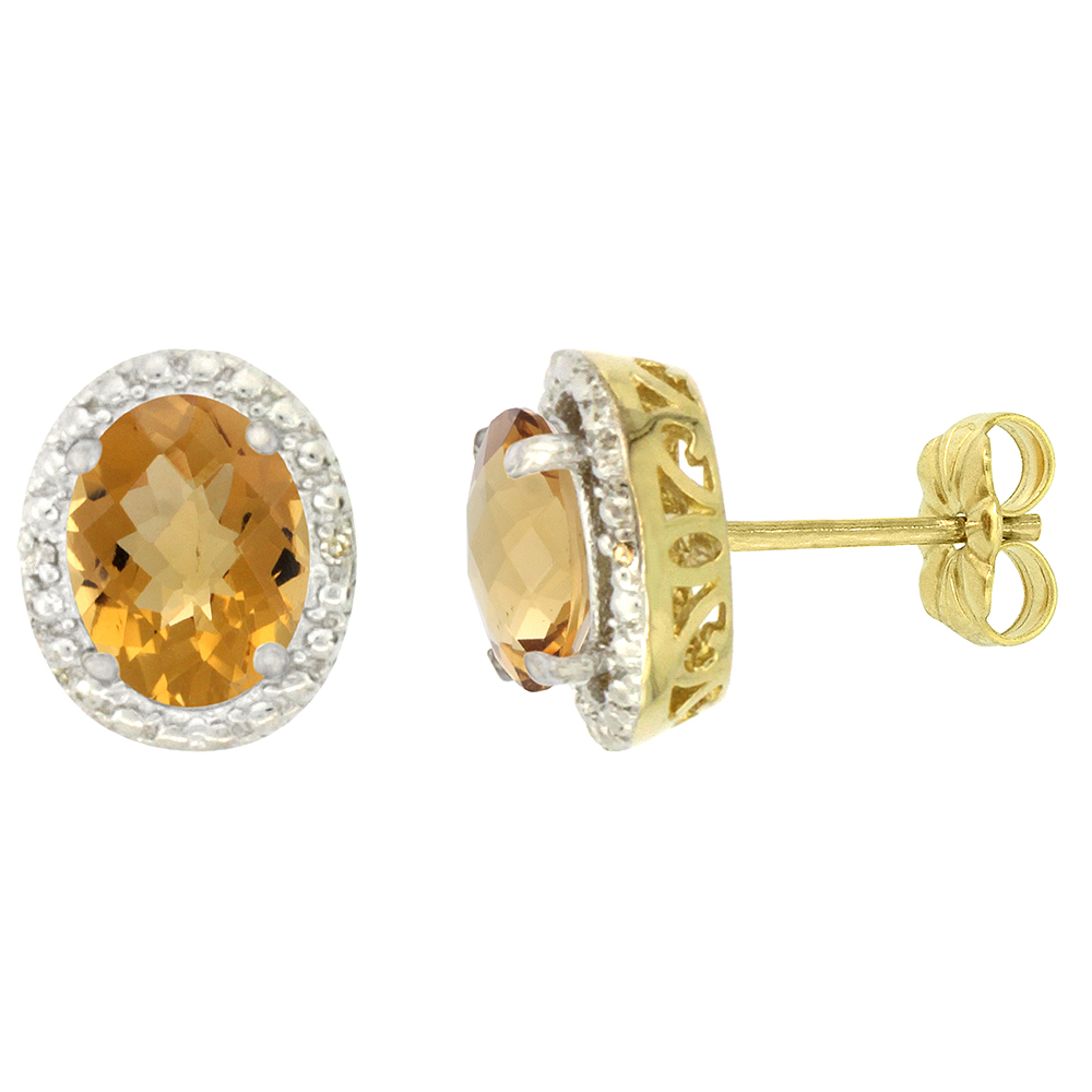 10K Yellow Gold 0.01 cttw Diamond Natural Whisky Quartz Post Earrings Oval 7x5 mm