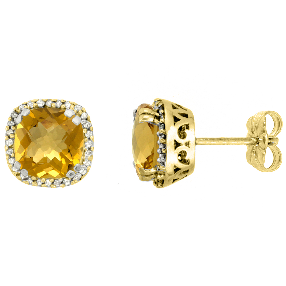 10K YELLOW GOLD DIAMOND HALO NATURAL WHISKY QUARTZ STUD EARRINGS CUSHION SHAPED 7X7 MM