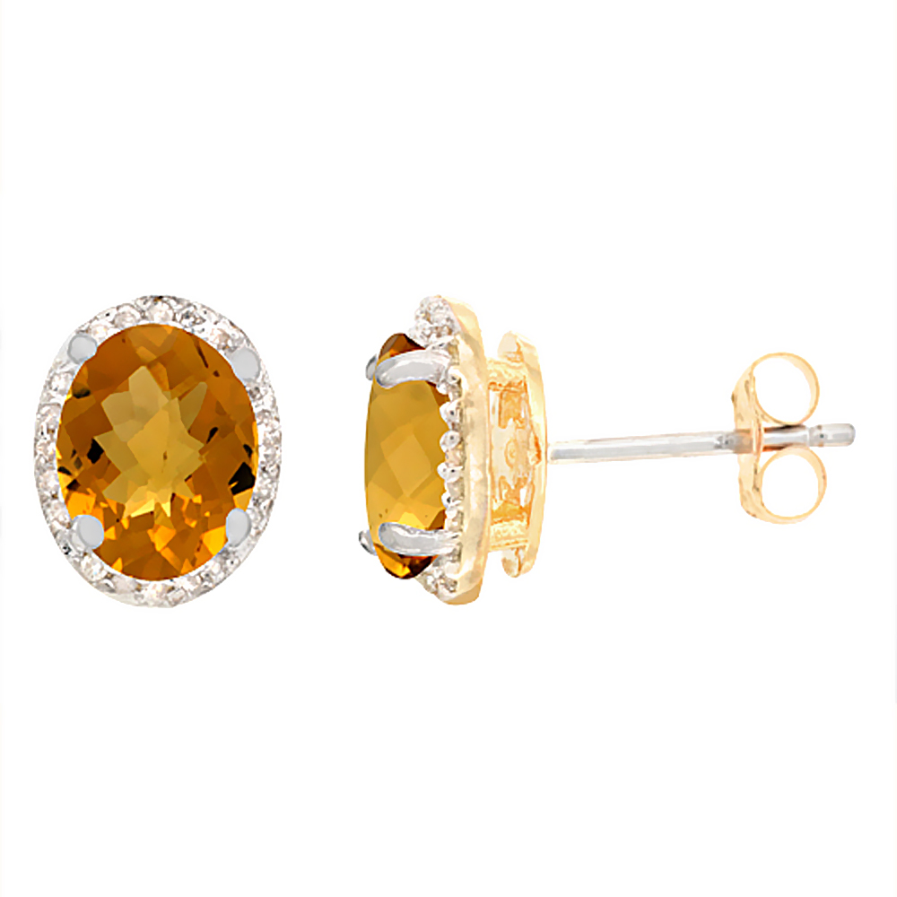 10K Yellow Gold Diamond Natural Whisky Quartz Earrings Oval 7x5 mm