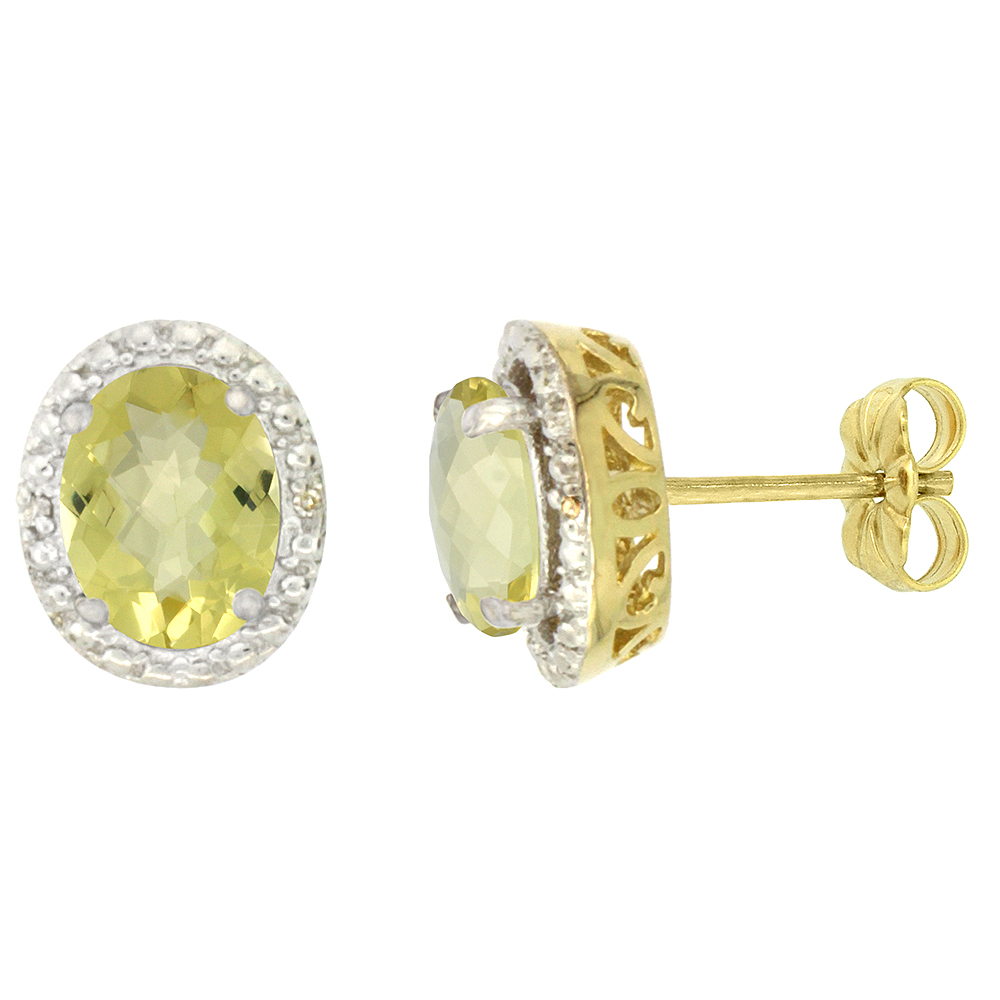 10K Yellow Gold 0.01 cttw Diamond Natural Lemon Quartz Post Earrings Oval 7x5 mm