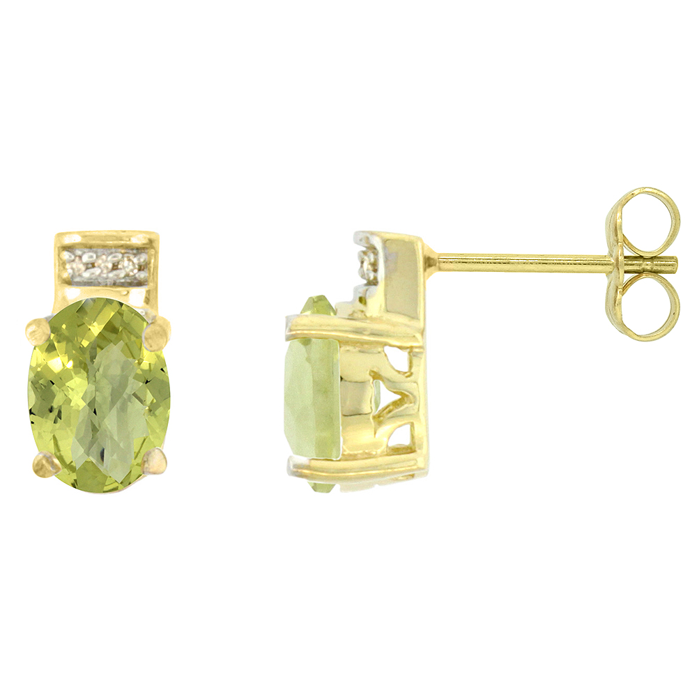 10K YELLOW GOLD DIAMOND NATURAL LEMON QUARTZ EARRINGS OVAL 8X6 MM