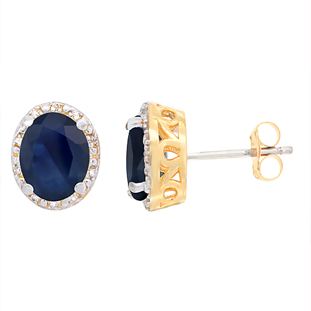 10K YELLOW GOLD GENUINE AUSTRALIAN SAPPHIRE STUD EARRINGS DIAMOND HALO OVAL 8X6 MM