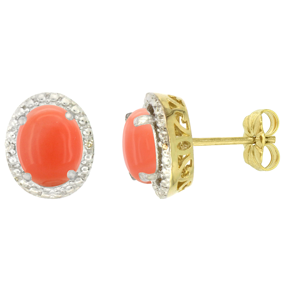 10K Yellow Gold 0.01 cttw Diamond Natural Coral Post Earrings Oval 7x5 mm