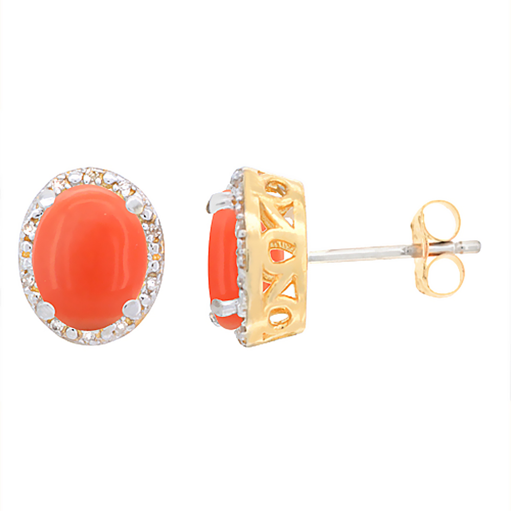 10K Yellow Gold Genuine Coral Stud Earrings Diamond Halo Oval 8x6 mm