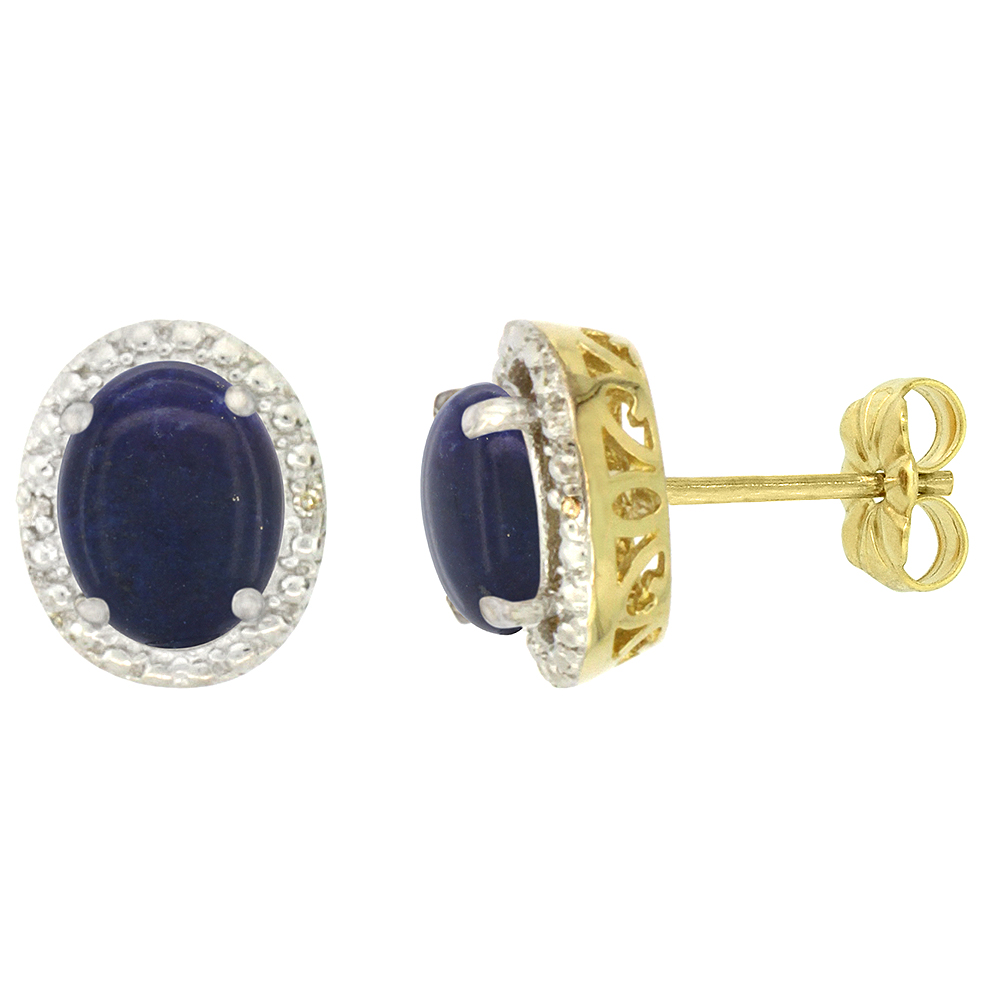 10K Yellow Gold 0.01 cttw Diamond Natural Lapis Post Earrings Oval 7x5 mm
