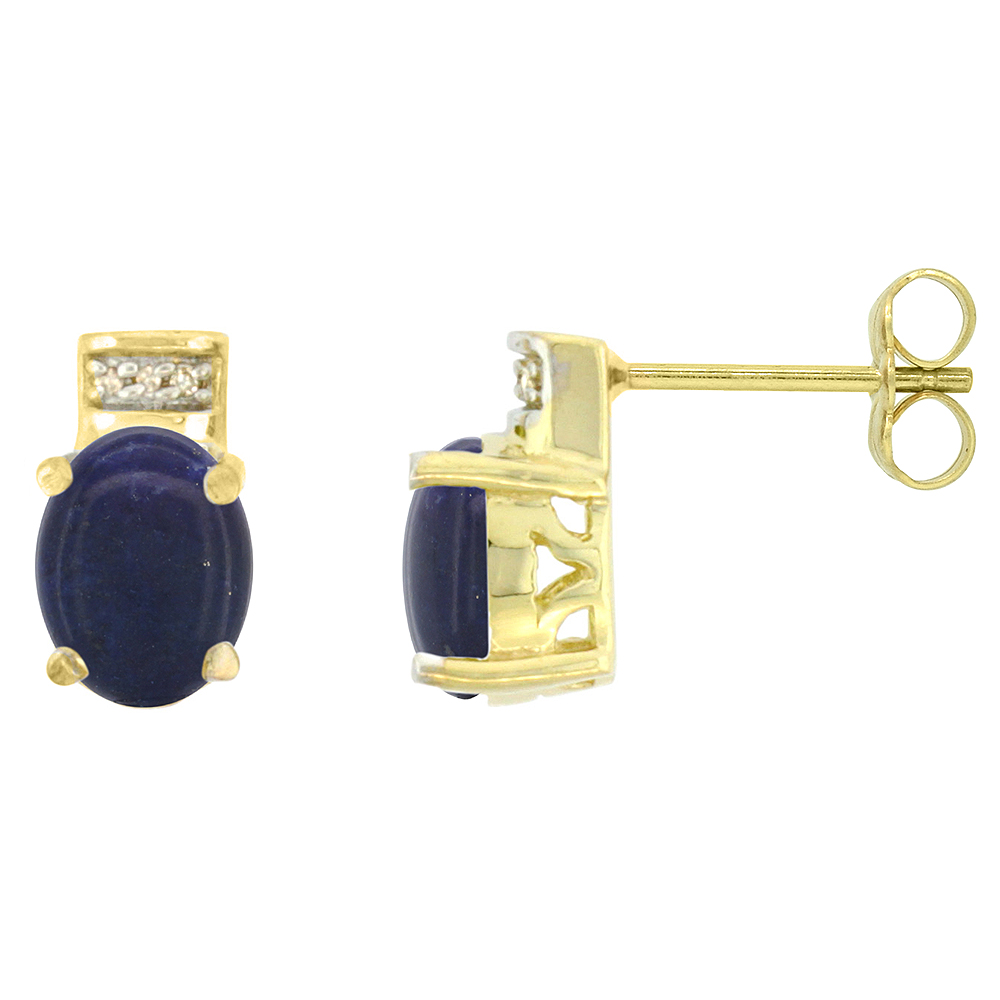 10K YELLOW GOLD DIAMOND NATURAL LAPIS EARRINGS OVAL 8X6 MM