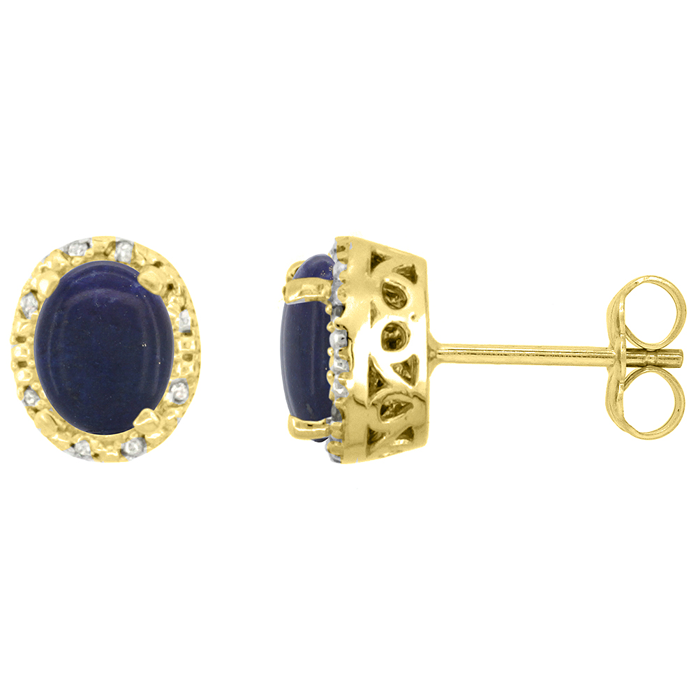 10K Yellow Gold Diamond Halo Natural Lapis Stud Earrings Oval 7x5 mm