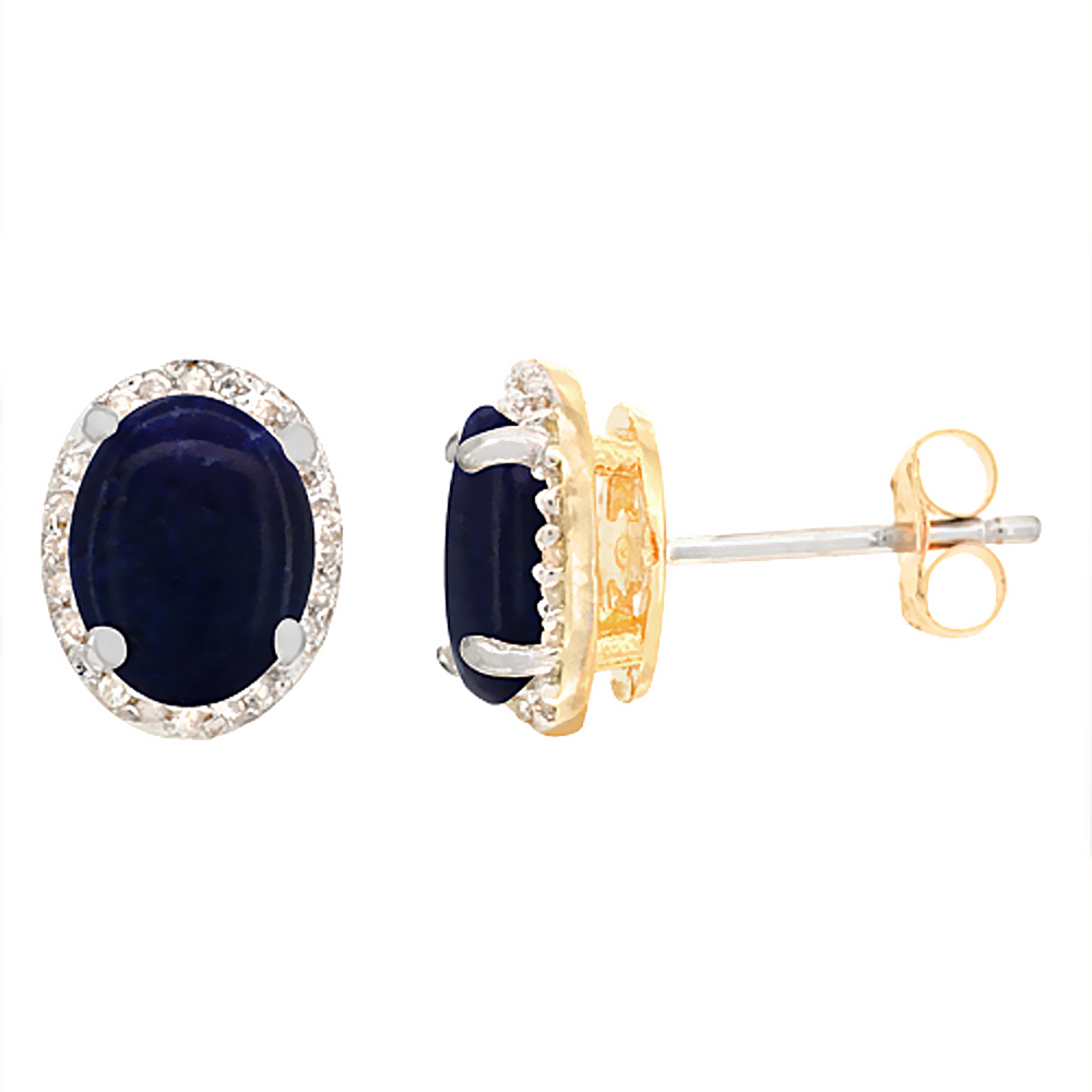 10K YELLOW GOLD DIAMOND NATURAL LAPIS EARRINGS OVAL 7X5 MM