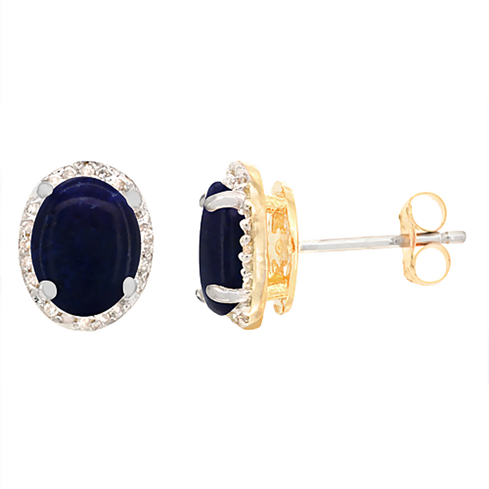 10K Yellow Gold Diamond Natural Lapis Earrings Oval 7x5 mm