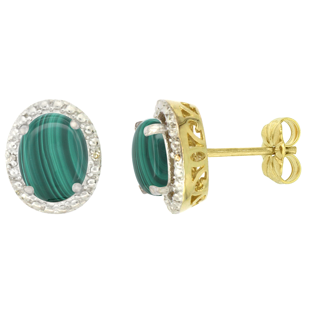 10K YELLOW GOLD 0.01 CTTW DIAMOND NATURAL MALACHITE POST EARRINGS OVAL 7X5 MM
