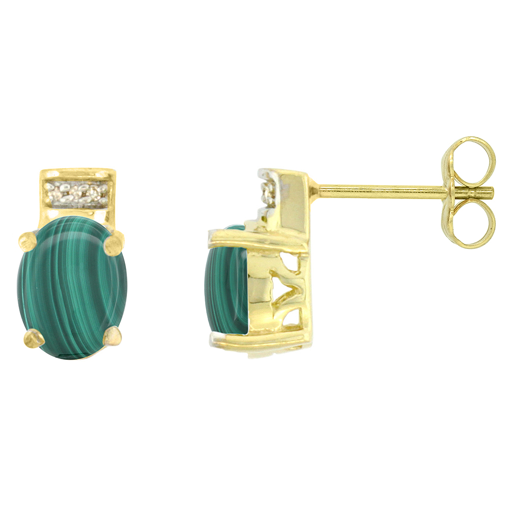 10K Yellow Gold Diamond Natural Malachite Earrings Oval 8x6 mm