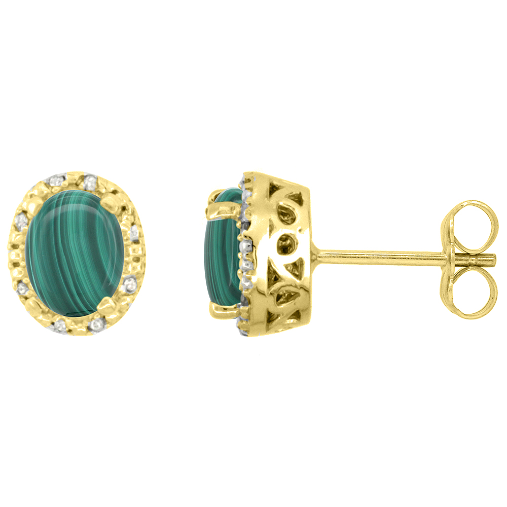 10K YELLOW GOLD DIAMOND HALO NATURAL MALACHITE STUD EARRINGS OVAL 7X5 MM