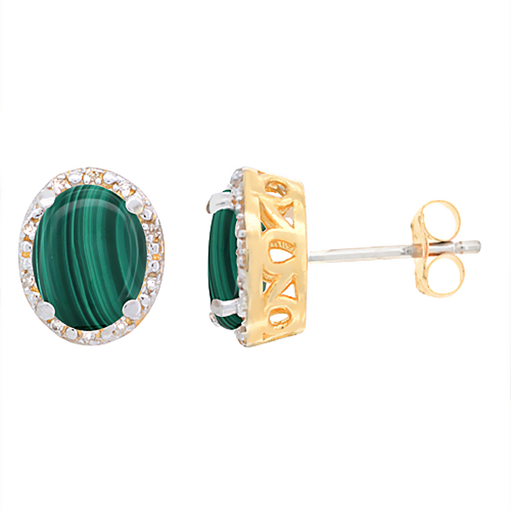 10K Yellow Gold Genuine Malachite Stud Earrings Diamond Halo Oval 8x6 mm