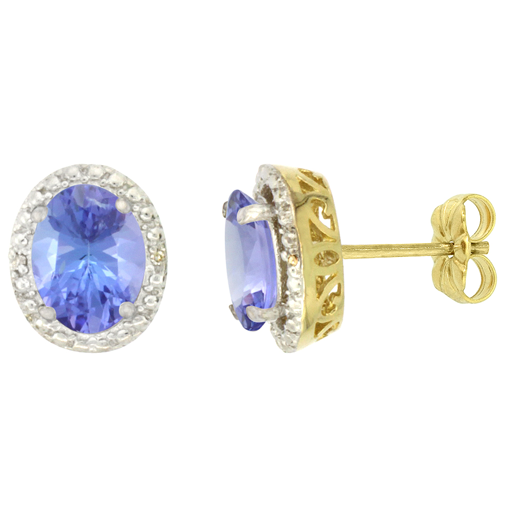10K YELLOW GOLD 0.01 CTTW DIAMOND NATURAL TANZANITE POST EARRINGS OVAL 7X5 MM