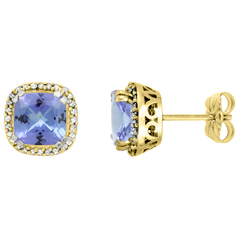 10k Yellow Gold Diamond Halo Natural Tanzanite Stud Earrings Cushion Shaped 7x7 mm