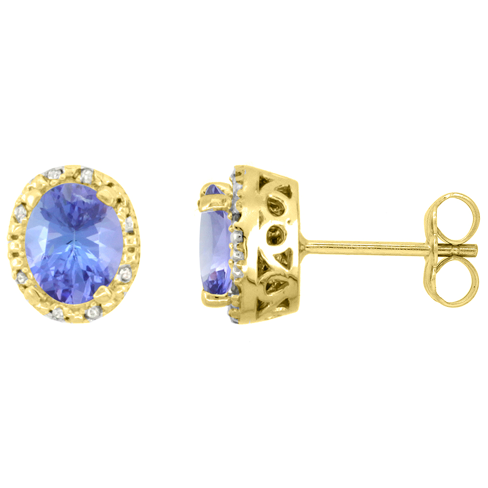 10K Yellow Gold Diamond Halo Natural Tanzanite Stud Earrings Oval 7x5 mm