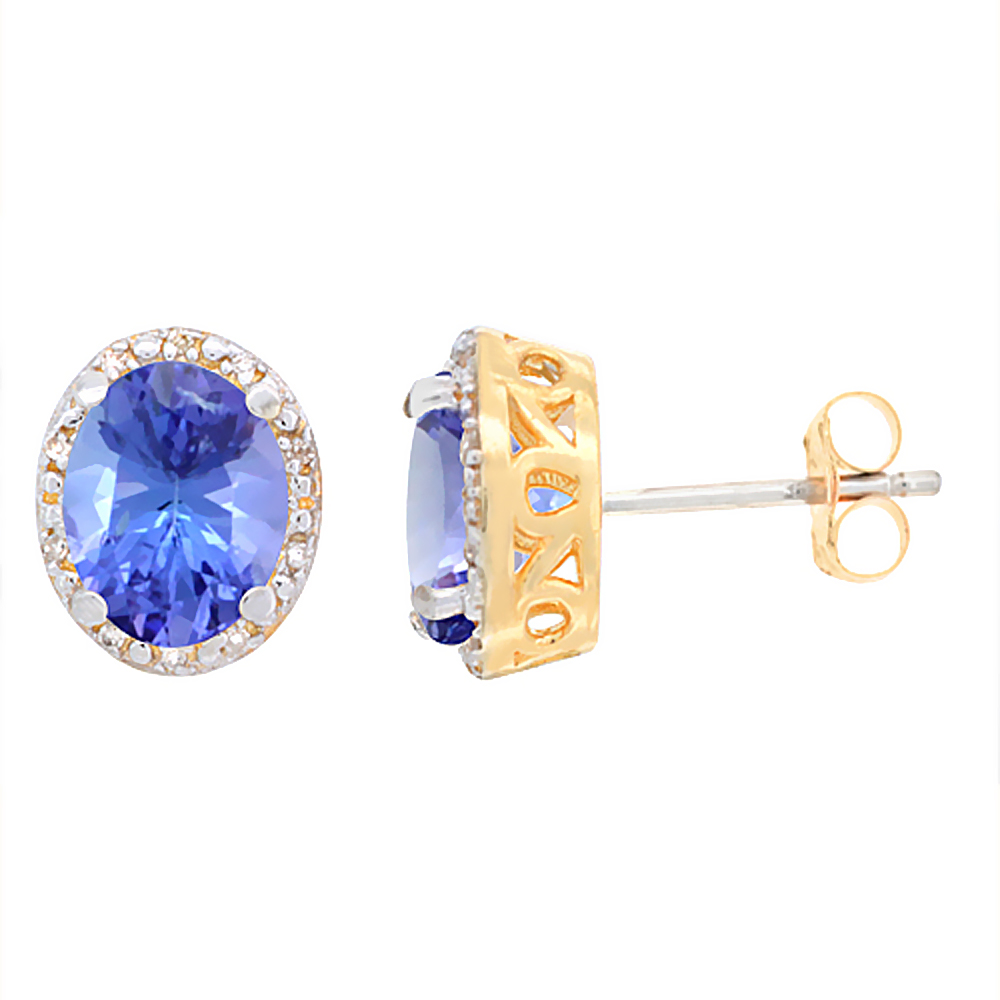 10K Yellow Gold Genuine Tanzanite Stud Earrings Diamond Halo Oval 8x6 mm