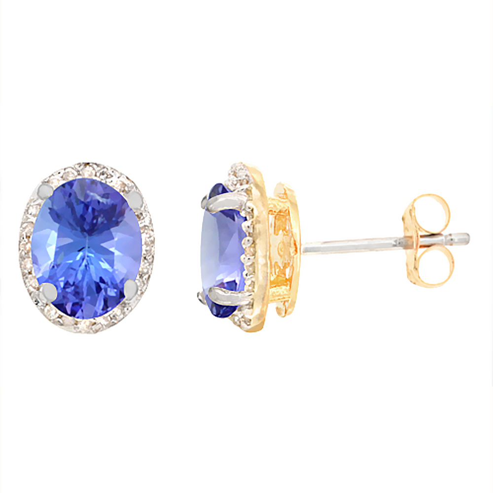 10K YELLOW GOLD DIAMOND NATURAL TANZANITE EARRINGS OVAL 7X5 MM