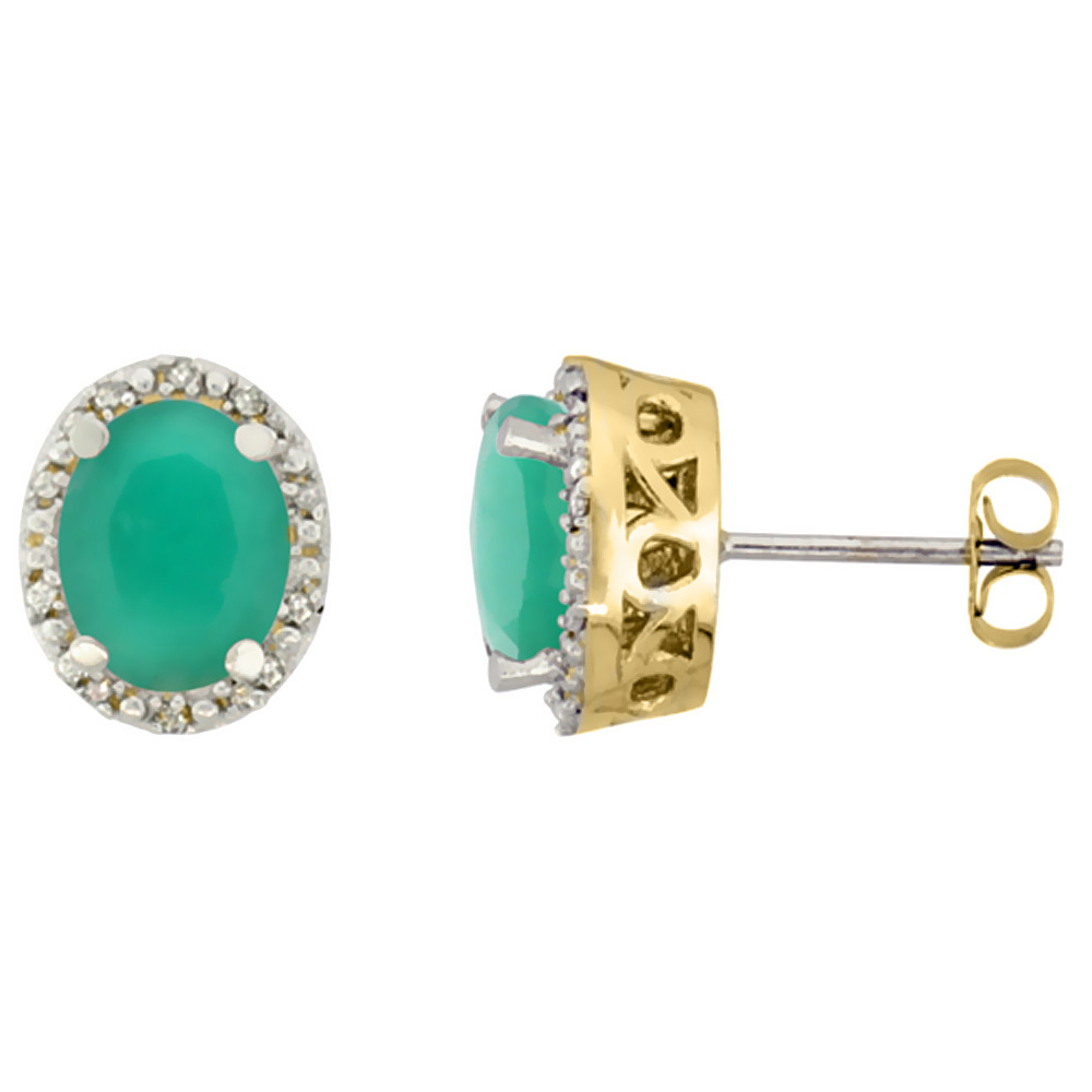 10K Yellow Gold Genuine Cabochon Emerald Stud Earrings Diamond Halo Oval 8x6 mm