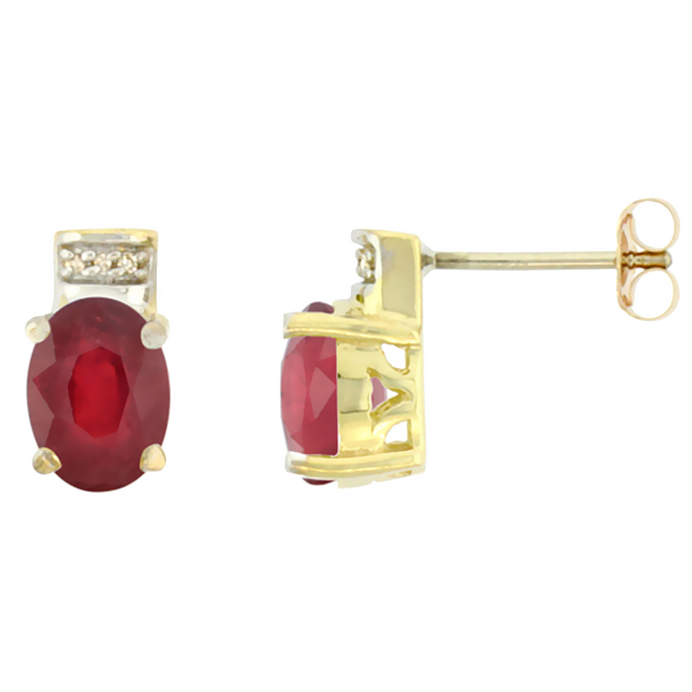 10K YELLOW GOLD DIAMOND NATURAL RUBY EARRINGS OVAL 8X6 MM