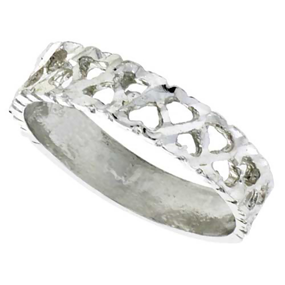 STERLING SILVER TINY HEARTS RING POLISHED FINISH 3/16 INCH WIDE, SIZES 6 - 9