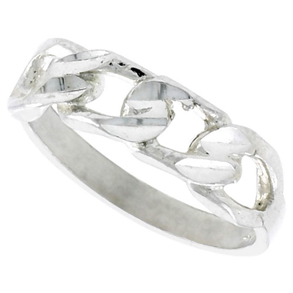 STERLING SILVER TINY CURB LINK CHAIN RING POLISHED FINISH 3/16 INCH WIDE, SIZES 6 - 9