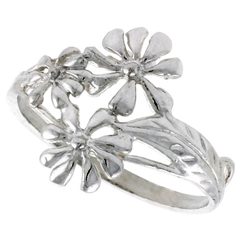 STERLING SILVER DAISY FLOWER RING 5/8 INCH WIDE, SIZES 6 - 9