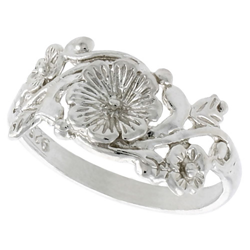 STERLING SILVER FLOWER RING 3/8 INCH WIDE SIZES 6-9