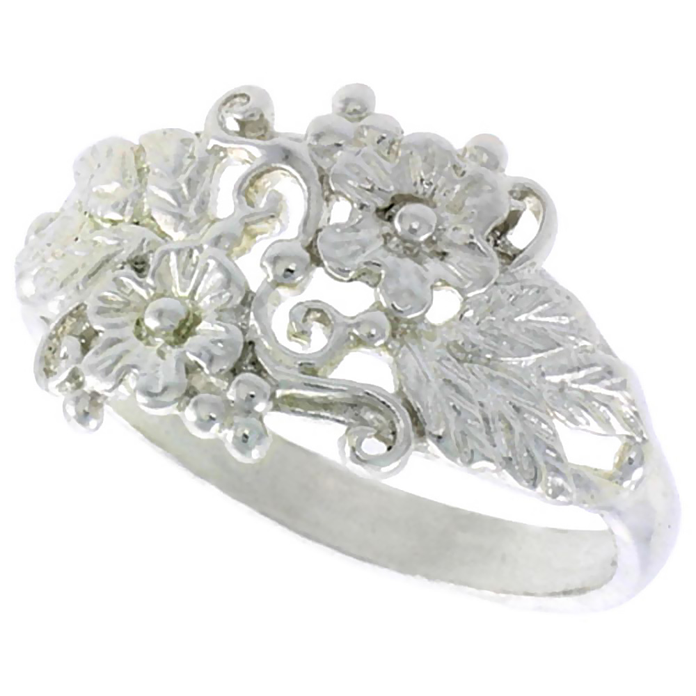 STERLING SILVER FLORAL VINE RING 3/8 INCH WIDE SIZES 6-9