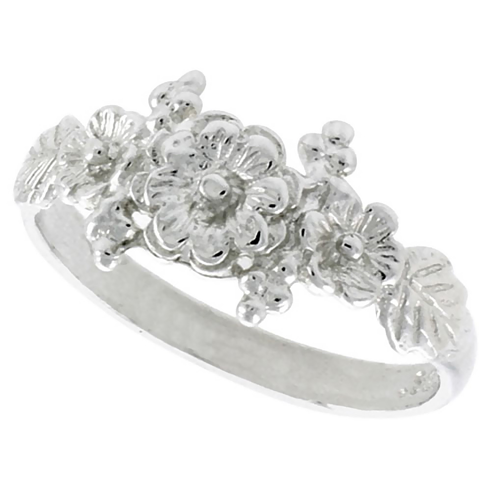 STERLING SILVER 3-FLOWER RING 5/16 INCH WIDE, SIZES 6 - 9