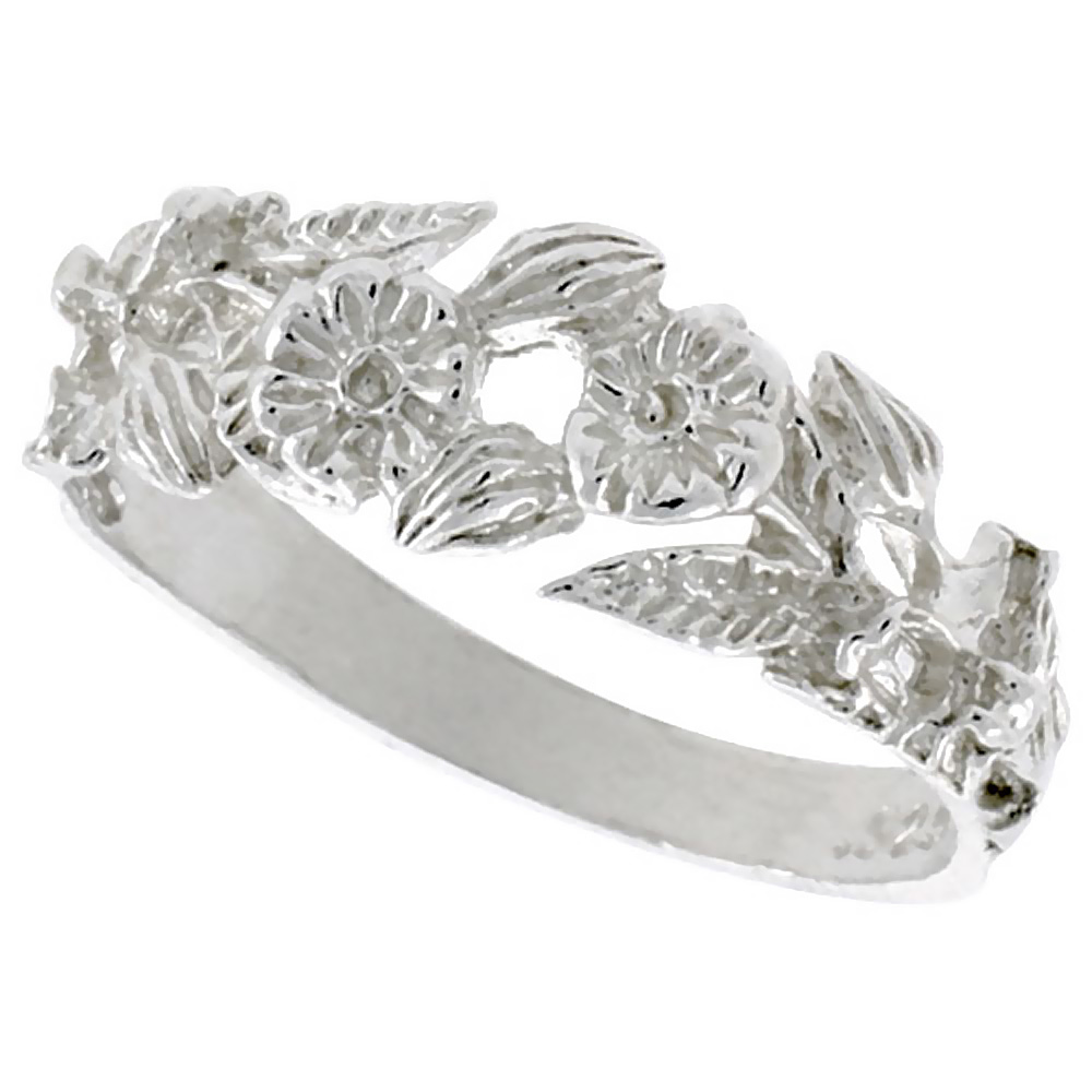 STERLING SILVER FLORAL RING POLISHED FINISH 1/4 INCH WIDE, SIZES 6 - 9