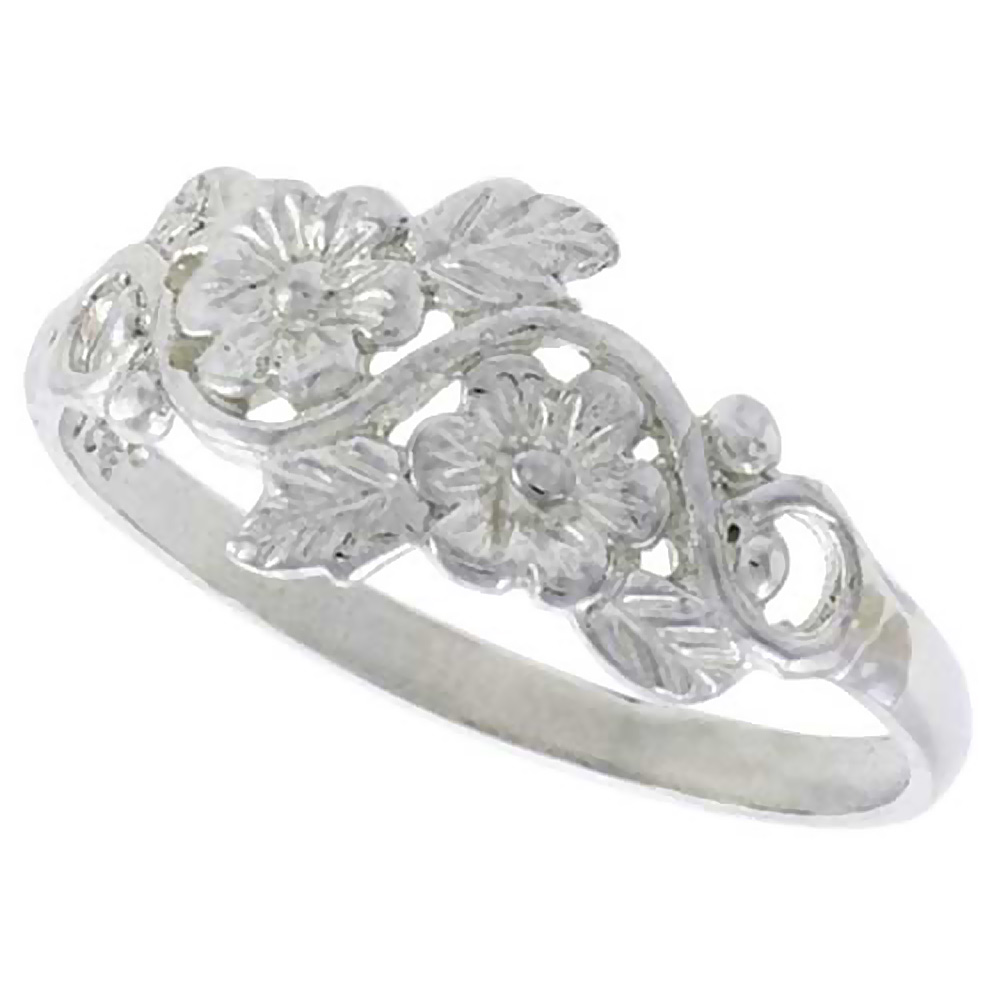 STERLING SILVER FLORAL VINE RING POLISHED FINISH 3/8 INCH WIDE, SIZES 6 - 9,