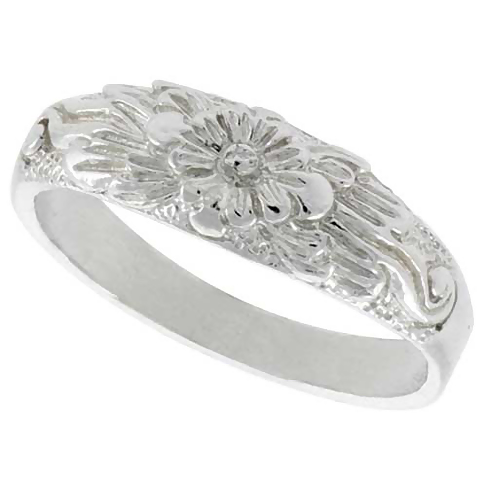 STERLING SILVER FLORAL RING POLISHED FINISH 1/4 INCH WIDE, SIZES 6 - 9