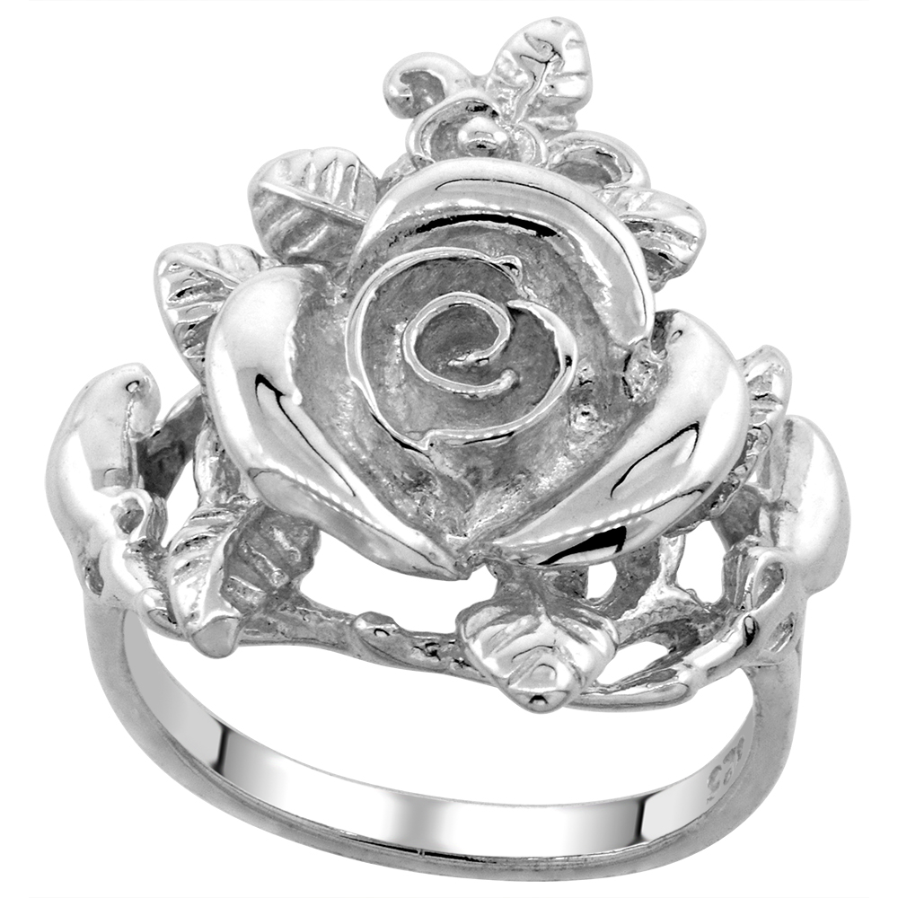 STERLING SILVER ROSE FLOWER RING POLISHED FINISH 7/8 INCH WIDE, SIZES 6 - 9