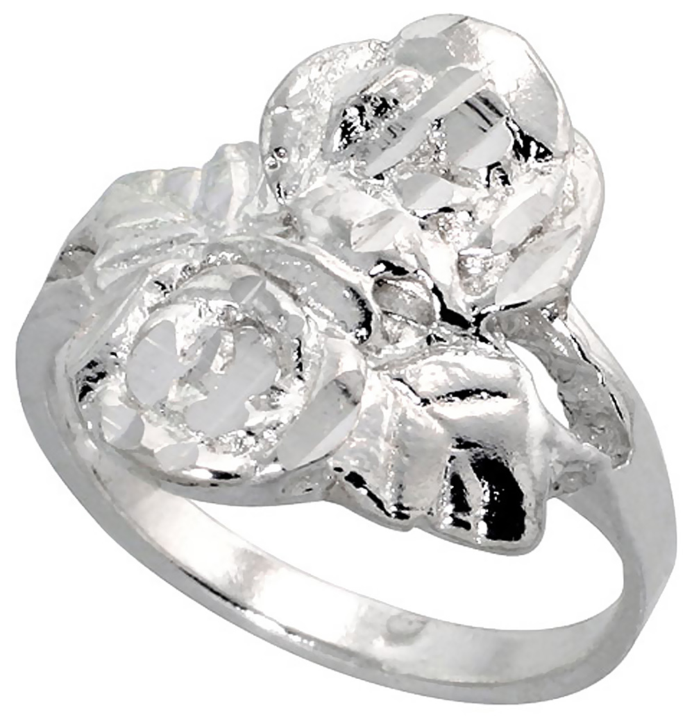 STERLING SILVER DOUBLE ROSE RING POLISHED FINISH 5/8 INCH WIDE, SIZES 6 - 9
