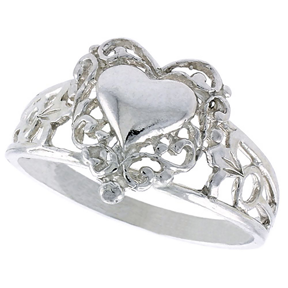STERLING SILVER FILIGREE HEART RING POLISHED FINISH 1/2 INCH WIDE, SIZES 6 - 9