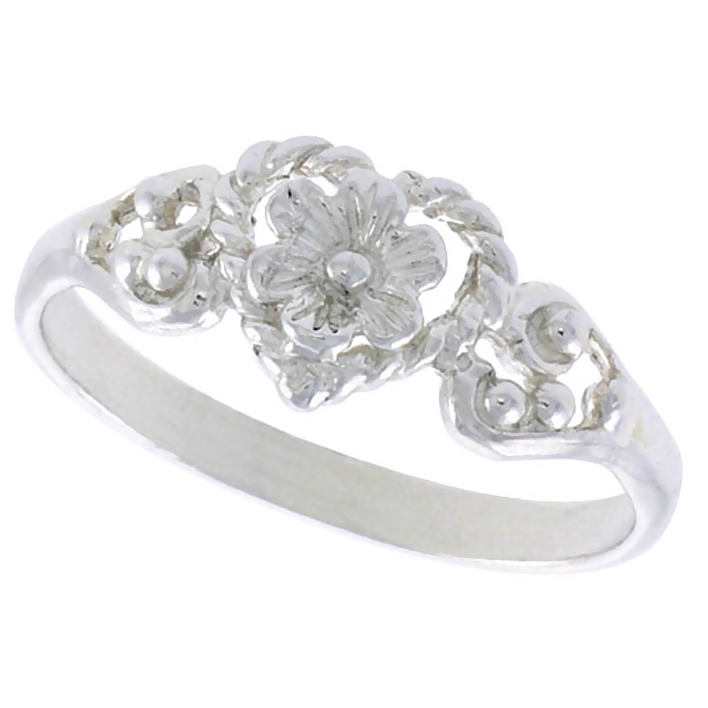 STERLING SILVER FLORAL HEART RING POLISHED FINISH 5/16 INCH WIDE SIZES 6-9