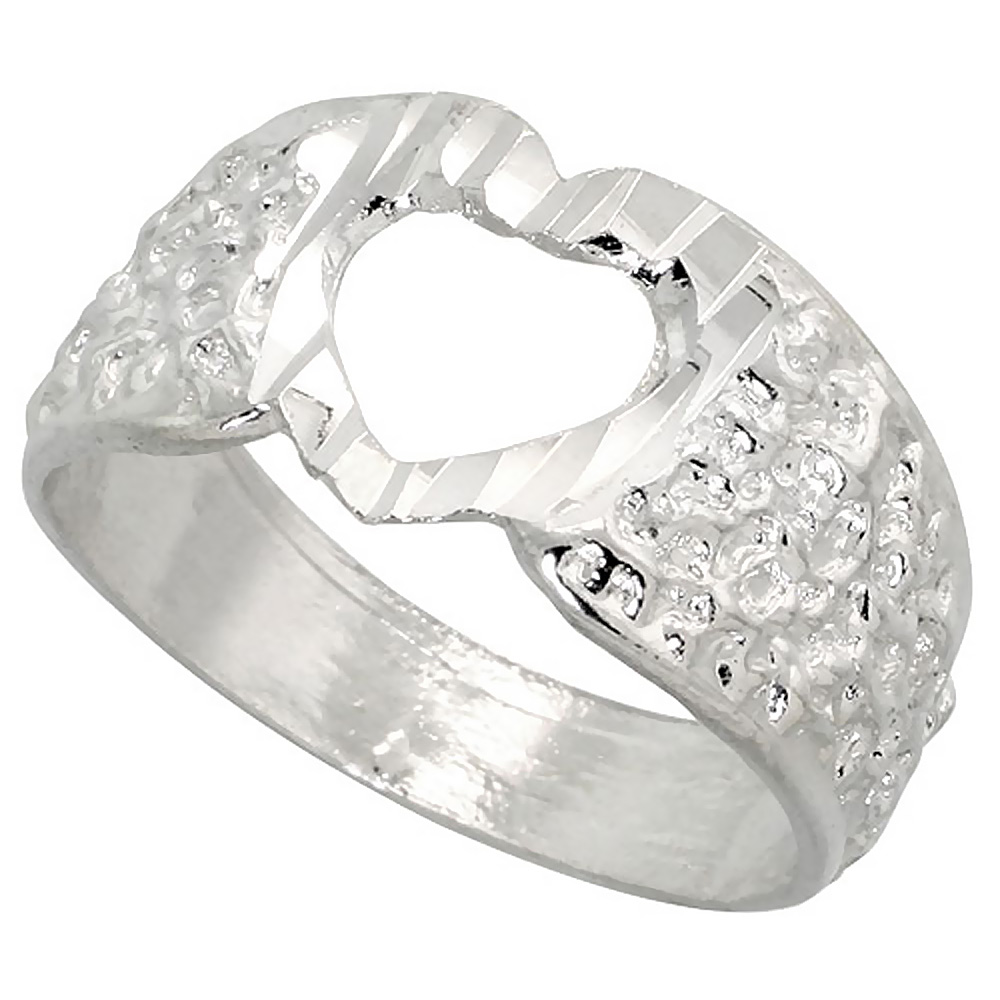 STERLING SILVER TEXTURED HEART RING POLISHED FINISH 3/8 INCH WIDE, SIZES 6 - 9,