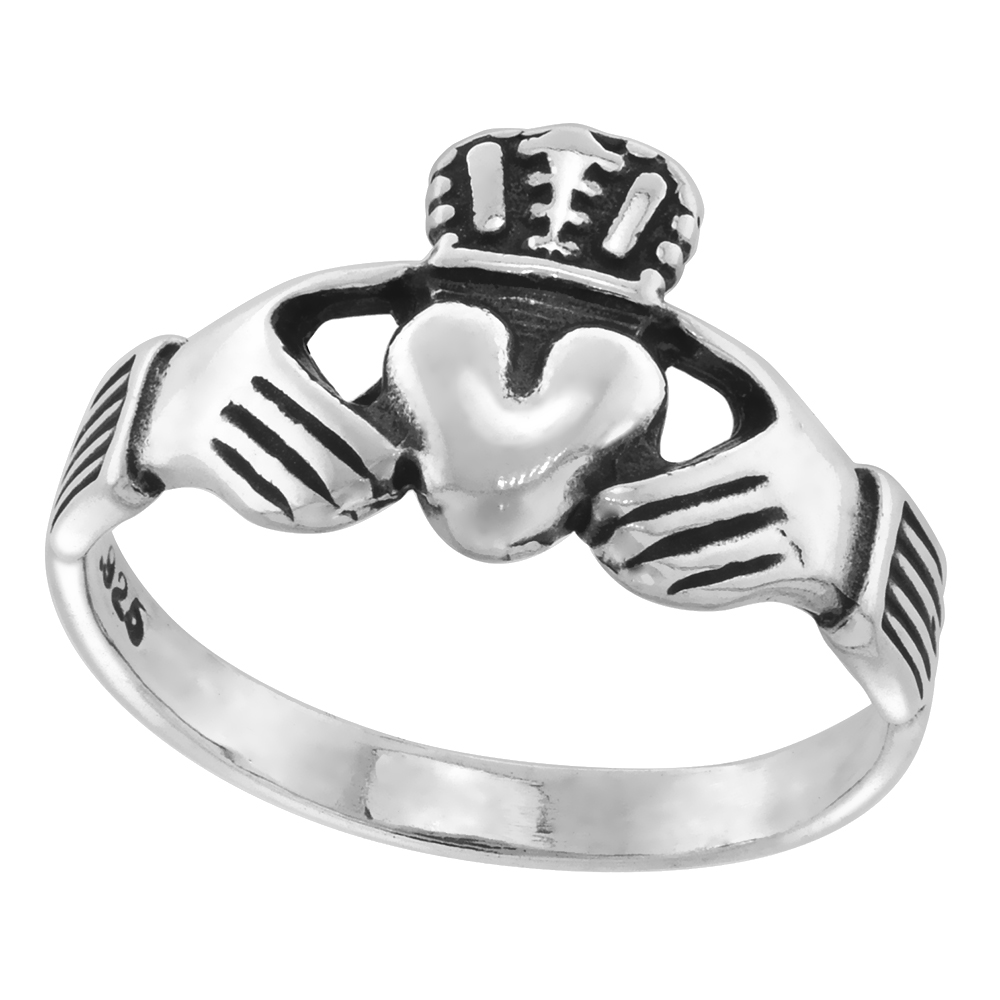 7/16 INCH SMALL STERLING SILVER CELTIC CLADDAGH RING FOR WOMEN AVAILABLE POLISHED & OXIDIZED FINISH 11MM HIGH SIZES 4-9