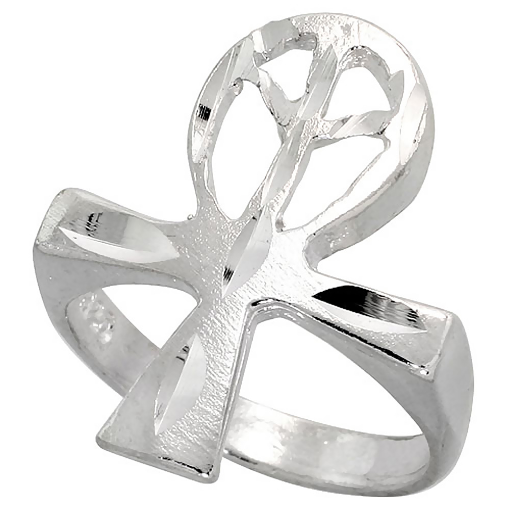 STERLING SILVER ANKH RING WITH PEACE SYMBOL POLISHED FINISH 3/4 INCH WIDE SIZES 6-9