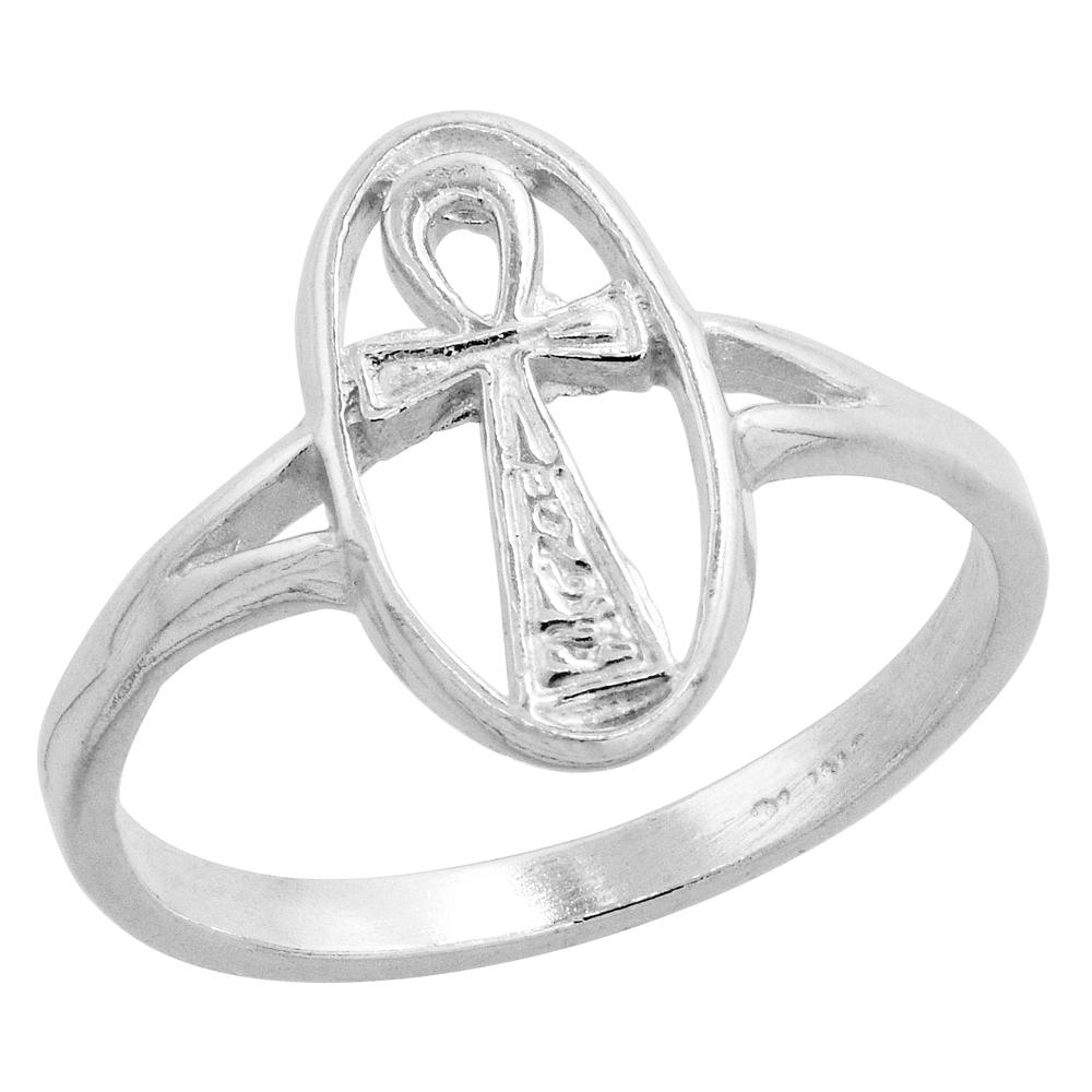 STERLING SILVER ANKH RING POLISHED FINISH 9/16 INCH WIDE SIZES 6-9
