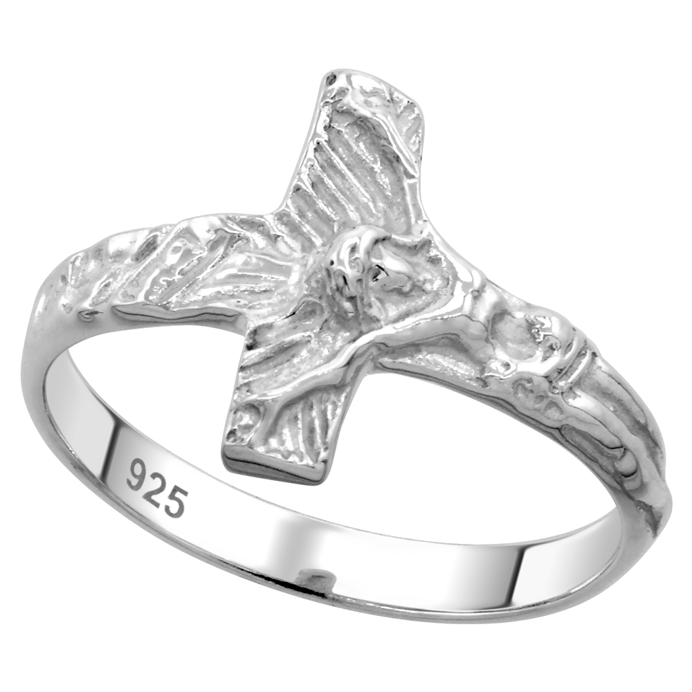 STERLING SILVER CRUCIFIX RING POLISHED FINISH 1/2 INCH WIDE SIZES 6-9