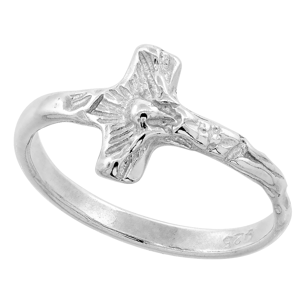 STERLING SILVER TINY CRUCIFIX RING POLISHED FINISH 3/8 INCH WIDE SIZES 6-9