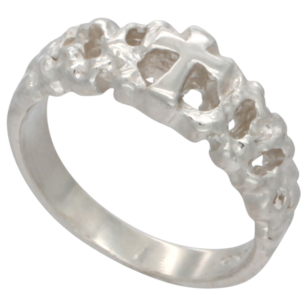 STERLING SILVER NUGGET CROSS RING POLISHED FINISH 1/4 INCH WIDE SIZES 6-9