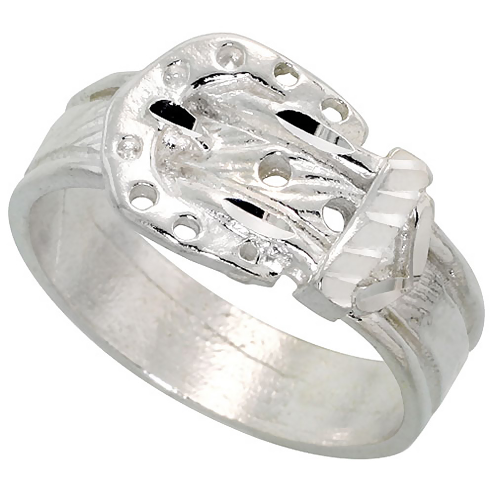 STERLING SILVER BELT BUCKLE RING POLISHED FINISH 3/8 INCH WIDE, SIZES 6 - 9,